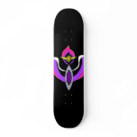 Abstract purple mask on black skate deck