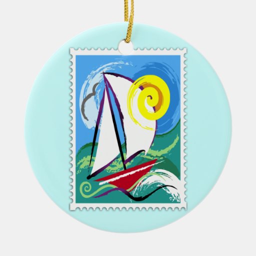 Abstract Sailboat and Sun Stamp Ornament
