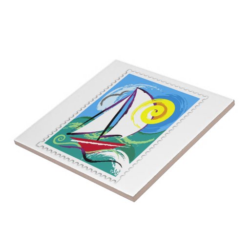 Abstract Sailboat & Sun Stamp Tile