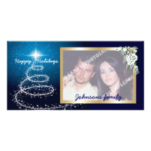 Abstract White Christmas Tree On Glowing Blue Photo Card