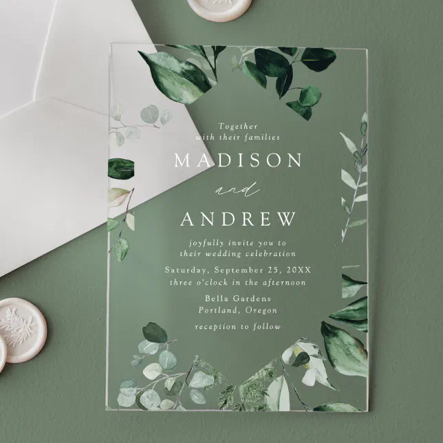 Abundant Greenery Geometric Frame Wedding Acrylic Invitations Zazzle