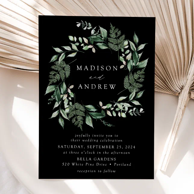 Abundant Greenery Wreath Black Wedding Invitation Zazzle