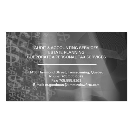Accounting Business Card Black White Dollar Signs (back side)