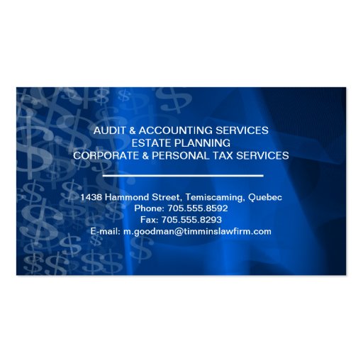 Accounting Business Card - Blue Dollar Signs (back side)