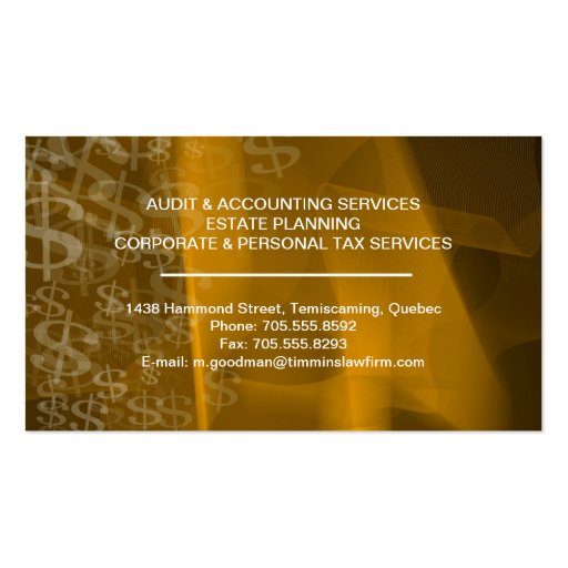 Accounting Business Card Gold White Dollar Signs (back side)