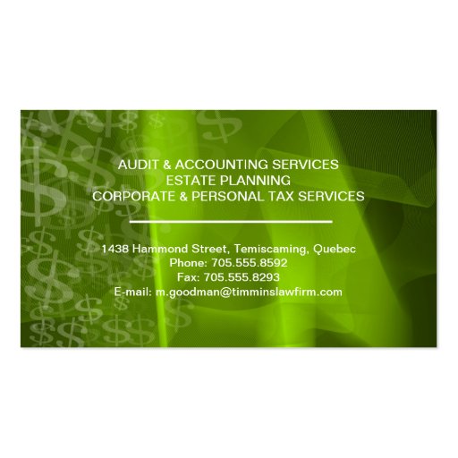 Accounting Business Card Green White Dollar Signs (back side)