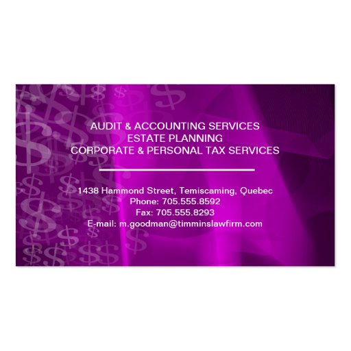 Accounting Business Card Pink White Dollar Signs (back side)