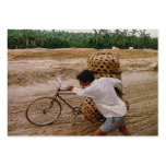 ACEO ATC Cyclist pushes bike through mud in china Business Card Templates