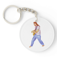 acoustic guitar player jeans feet apart keychain