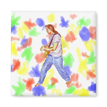 acoustic guitar player jeans feet apart magnets
