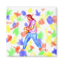 acoustic guitar player pink shirt  jeans magnets