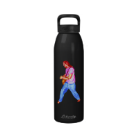 acoustic guitar player pink shirt  jeans water bottle