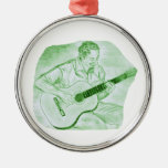acoustic guitar player sitting pencil sketch green christmas ornaments