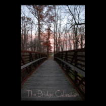 Across a wood bridge facing the sunset posters