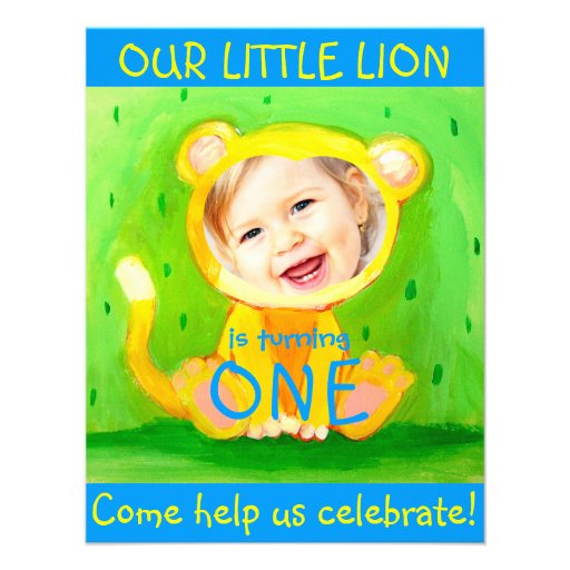 add your kids photo cute funny 1st birthday lion personalized invitations