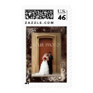 postcard - For the newlyweds with tons of wedding photos ...  add one of your favorite photos to this template stamp and card for a truly personalized wedding thank you card.  Your guests will love the special touch of this custom personalized photo card.   Dark brown background with tan flower accents and swirls and a double heart in the corner.Thousands of wedding and monogram postage stamps are available  in my gallery and the perfectpostage gallery.   If you would like custom graduation, wedding, monogram or RSVP invitation wedding postage stamps, please visit Perfect Postage                     