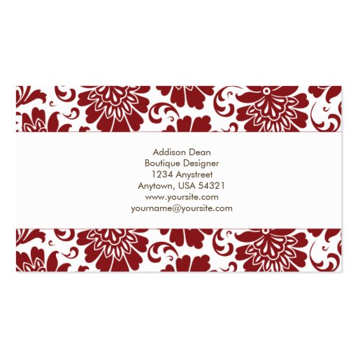 Addison Red Damask Chic Business Card (back side)