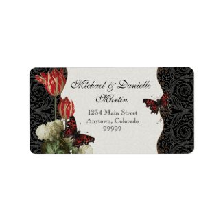 Address Labels - Black n Cream Red Tulip Damask label
