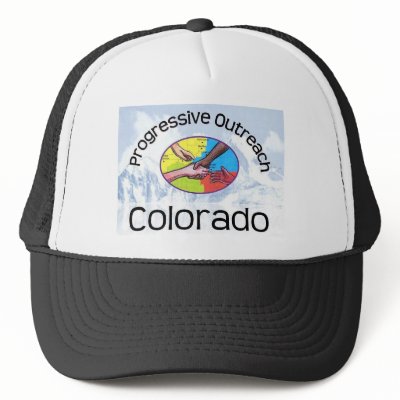 Adjustable black cap, white panel, mountain logo hats by ProgressiveOutreach