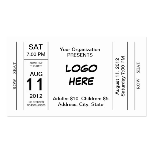 Admission Ticket Business Cards (front side)
