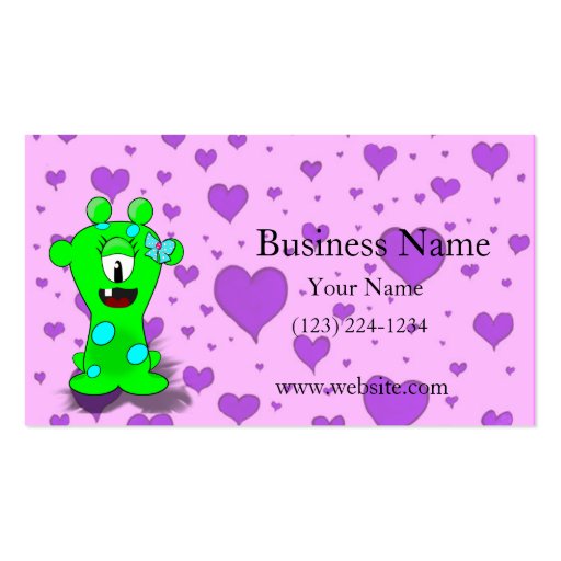 Adorable Baby Green Monster On Hearts Background Business Card Templates (front side)
