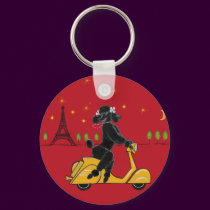 Adorable Black Poodle on a Vespa in Paris keychains