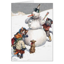 Adorable Cats Building a Snowman Greeting Card