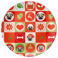 Adorable Christmas Pugs on Red, Green Checks Porcelain Plates