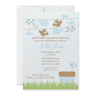 Adorable Clothesline Twins Baby Boy Shower invitation