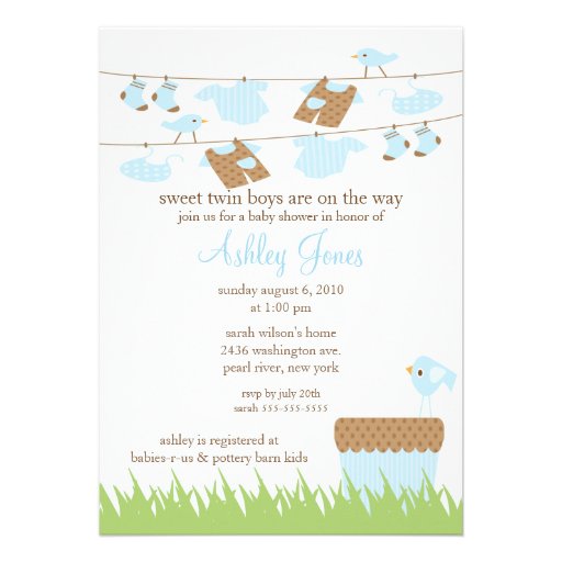 Adorable Clothesline Twins Baby Boy Shower Invite (front side)