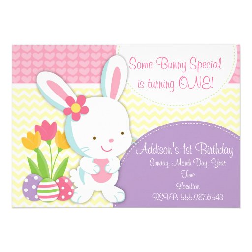 Adorable Girly Easter Bunny Birthday Invitation (front side)