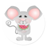 adorable gray mouse holding watermelon round sticker