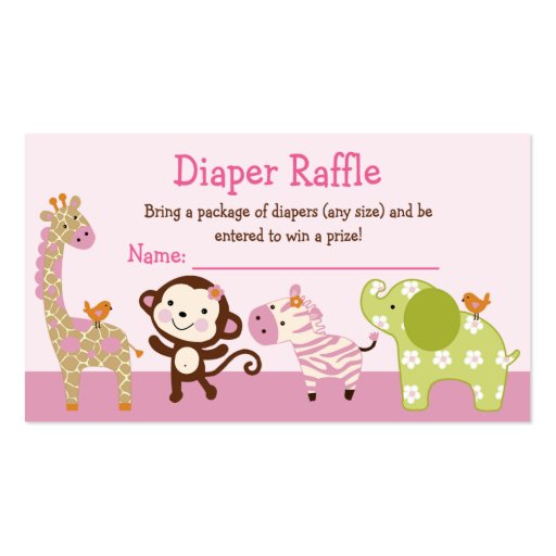 Adorable Jungle Jill Animals Diaper Raffle Tickets Business Cards (front side)