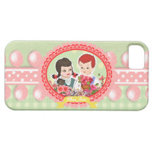 Adorable Kawaii Kids In A Garden On Pink Ribbon - iPhone 5 Cases