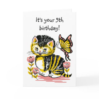 Adorable Kitten and Butterfly Fifth Birthday Card