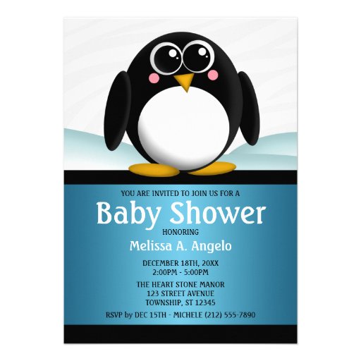 Adorable Penguin Blue Boy Baby Shower Invitations