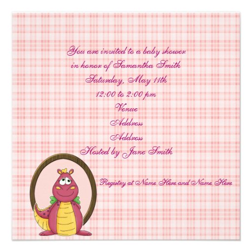 Adorable Pink Dragon on Pink Plaid Baby Shower Personalized Invites