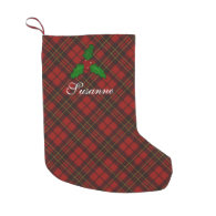 Adorable Red Christmas tartan, holly twig and text Small Christmas Stocking
