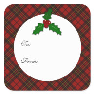 Adorable Red Christmas tartan Holly twig Gift Tag Sticker