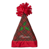 Adorable Red Christmas tartan, holly twig   text Santa Hat