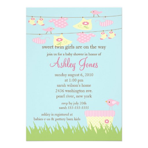 Adorable Twin Girls Clothesline Baby Shower Personalized Announcement