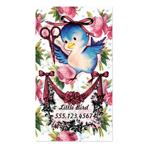 Adorable vintage bird scissors hair stylist floral business cards (front side)
