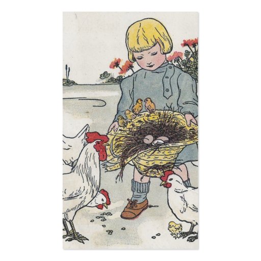 Adorable Vintage Girl with Chickens Business Card Template (back side)