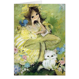 Adorable Vintage Girl With Kitty and Bird card
