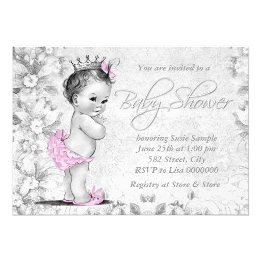 Adorable Vintage Pink and Gray Baby Shower Personalized Invites (front side)