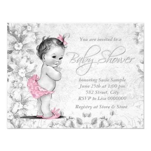 Adorable Vintage Pink and Gray Baby Shower Invitations