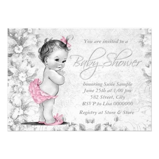 Adorable Vintage Pink and Gray Baby Shower Custom Invitation