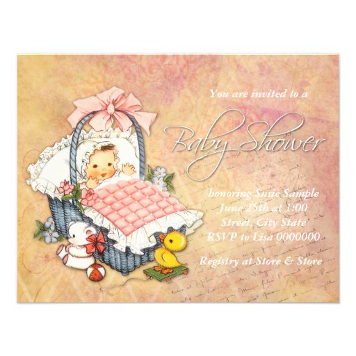 Adorable Vintage Pink and Peach Baby Girl Shower Personalized Invitations