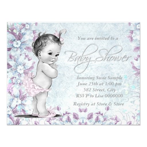 Adorable Vintage Pink and Purple Baby Shower Personalized Announcement