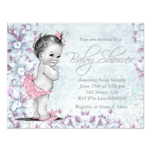 Adorable Vintage Pink and Purple Baby Shower Invite